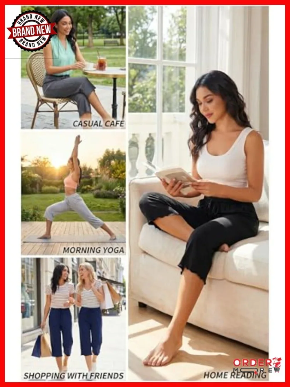 Women's Capri Pajama Lounge Pants 3-Pack Soft Knit Ruffled Trim with Pockets